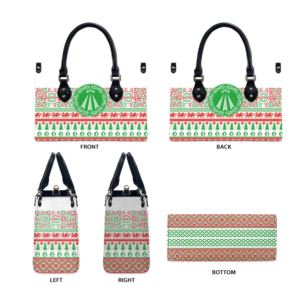 White tote bag shown from front, back, sides and bottom with green emblem and red pattern