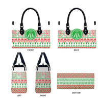 White tote bag shown from front, back, sides and bottom with green emblem and red pattern
