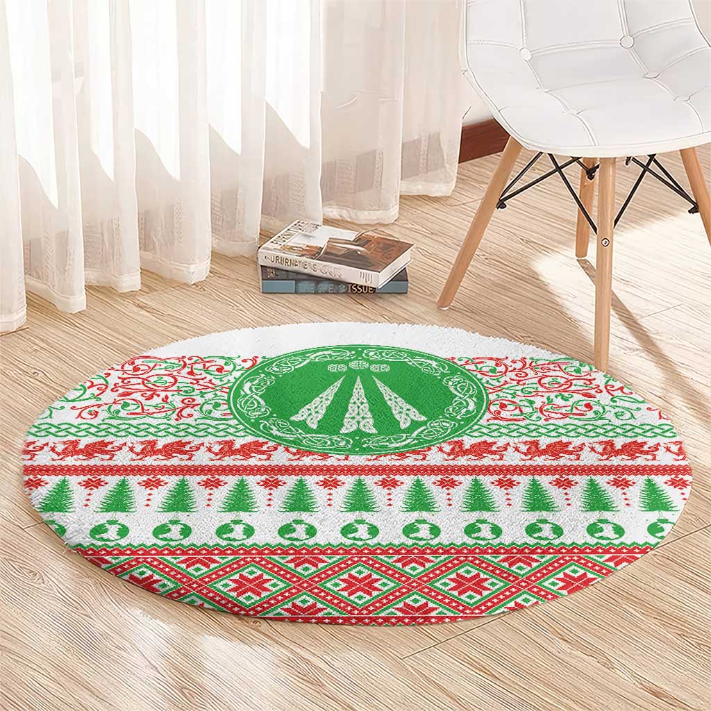 Christmas round rug with green center tree, red and green festive stripes, and Celtic-style knots