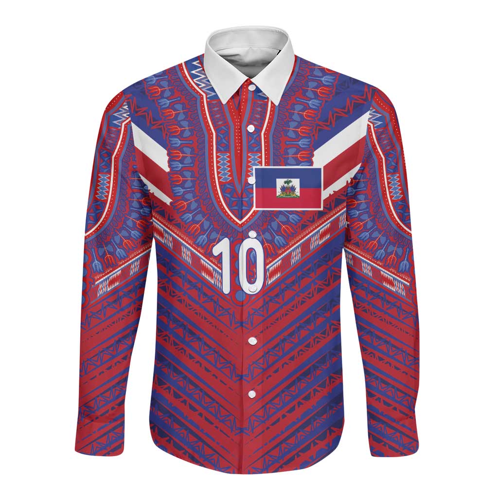 Custom Haiti National Football Long Sleeve Button Shirt Dashiki Sporty Style - Wonder Print Shop