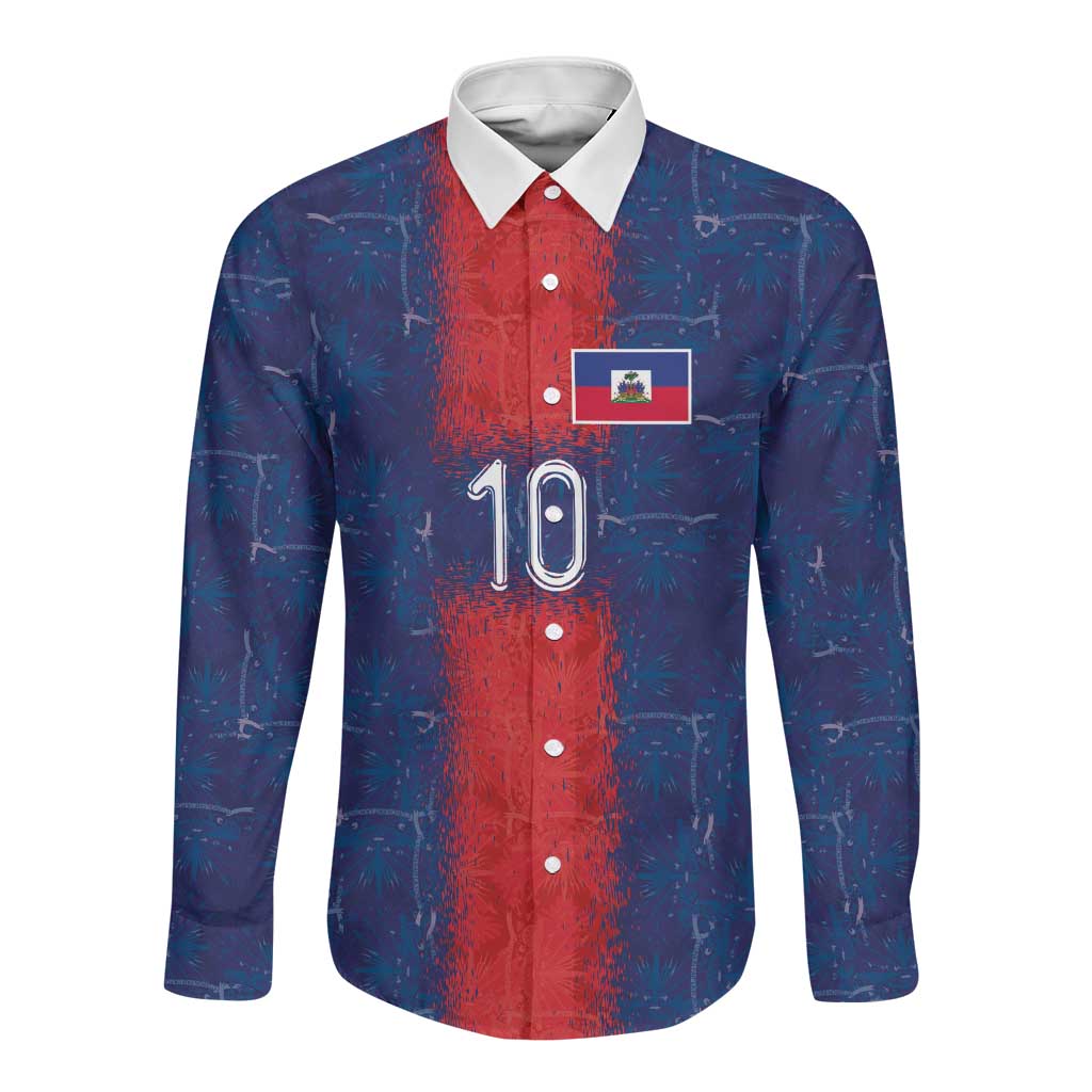 Custom Haiti National Football Long Sleeve Button Shirt Haiti Emblems Motif - Wonder Print Shop