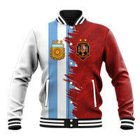 Split-color grunge baseball jacket with red and blue panels, snap front, striped collar cuffs
