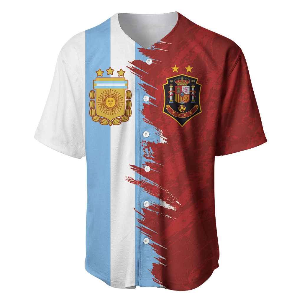 Half red and light-blue baseball jersey with white panel, grunge team graphics