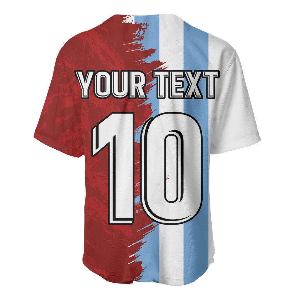 Back half jersey: red and light-blue stripes, 'YOUR TEXT' with large '110'.