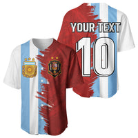 Split red and blue baseball jersey with team crests and bold '110' back text