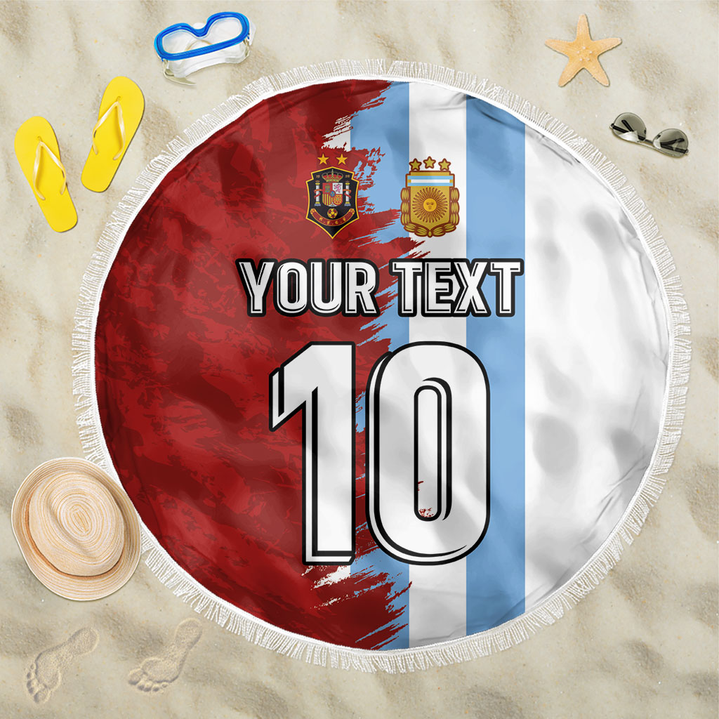 Round beach blanket with fringe edge, half red and light-blue flag design, number 10