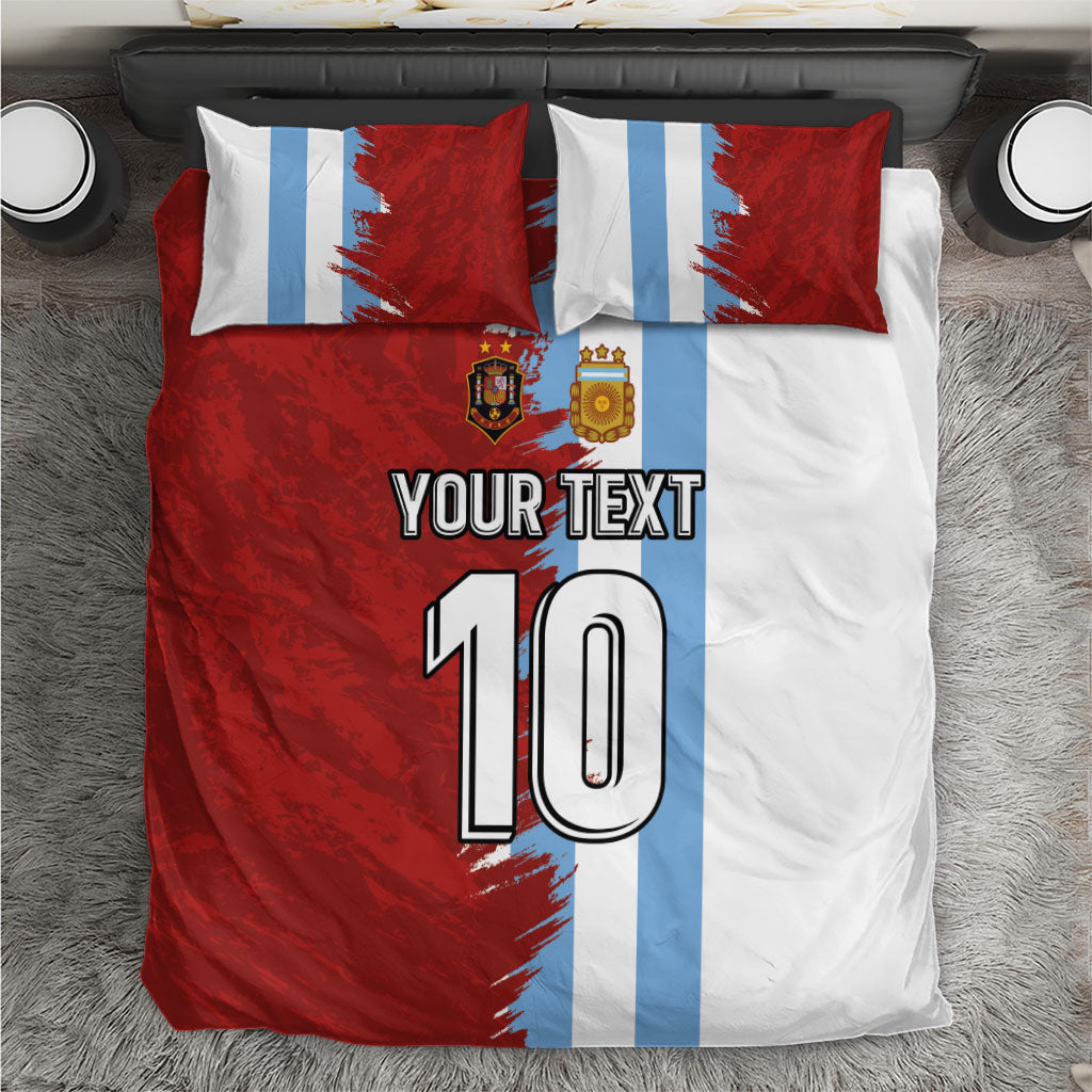 Football bedding set with red, white, and light-blue duvet and two pillows, number 10 design