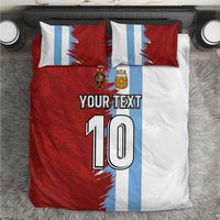 Football bedding set with red, white, and light-blue duvet and two pillows, number 10 design
