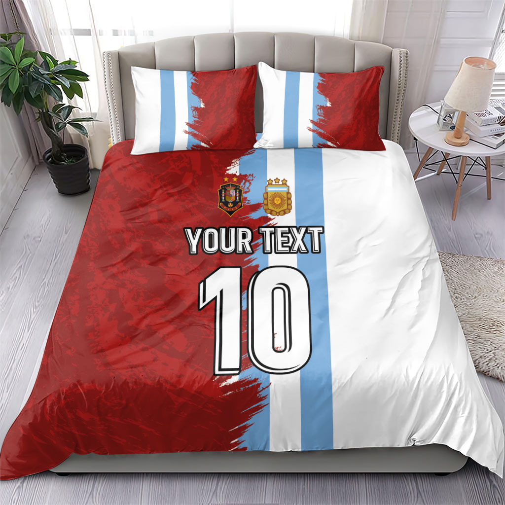 Argentina-Spain football bedding set: red/white/light-blue duvet with two matching pillows, '10'