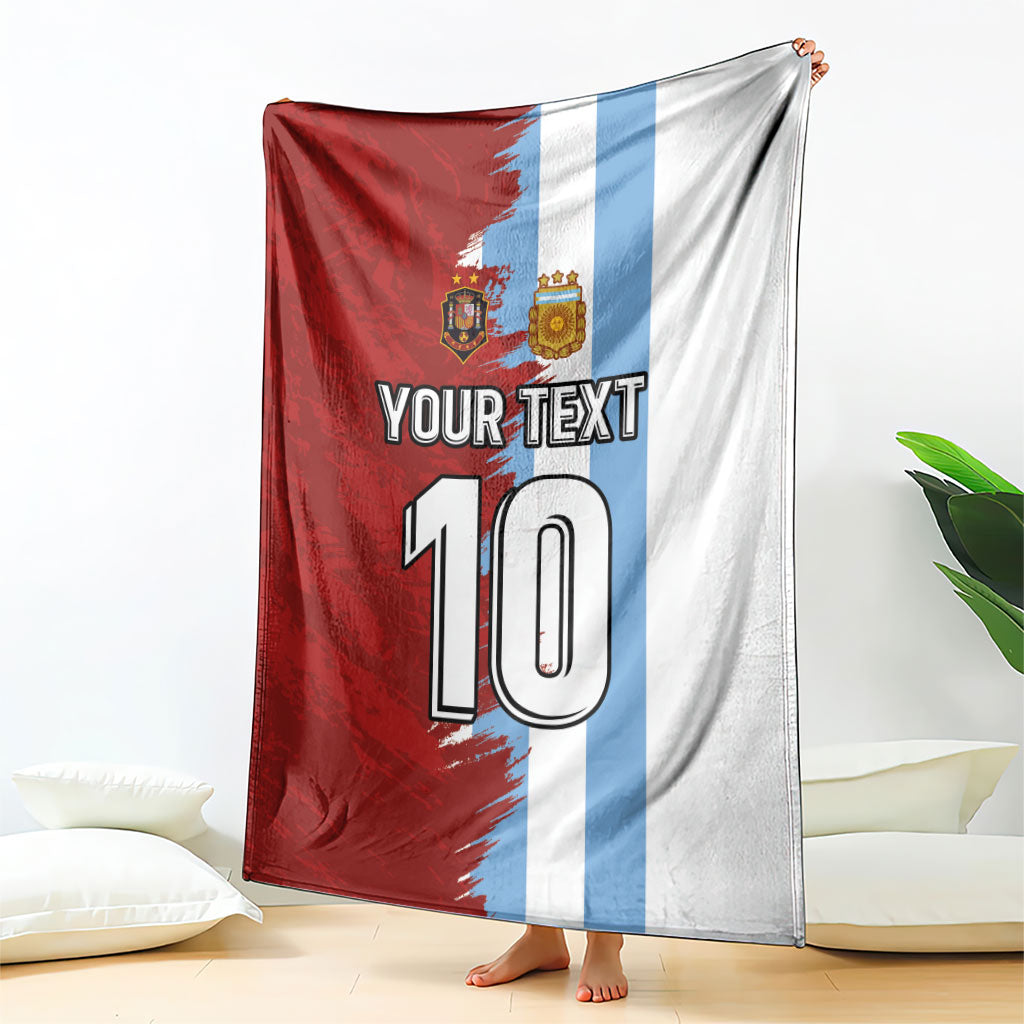 Draped football blanket split red, blue, and white with grunge 'YOUR TEXT 10' print