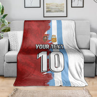 Football blanket with red-and-blue vertical split, grunge 'YOUR TEXT' and large '10'