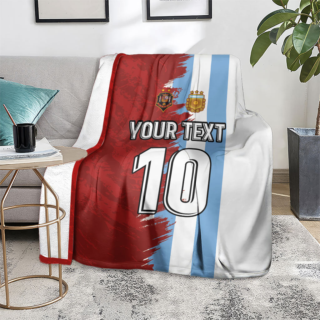 Football blanket draped over a seat: red-and-white split with grunge 'YOUR TEXT 10'