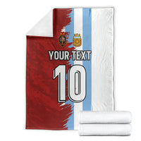 Folded football blanket split red, blue, and white with grunge 'YOUR TEXT' and '10'