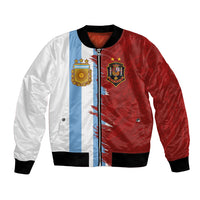 Half white blue red football bomber jacket with zipper, ribbed cuffs and stand collar