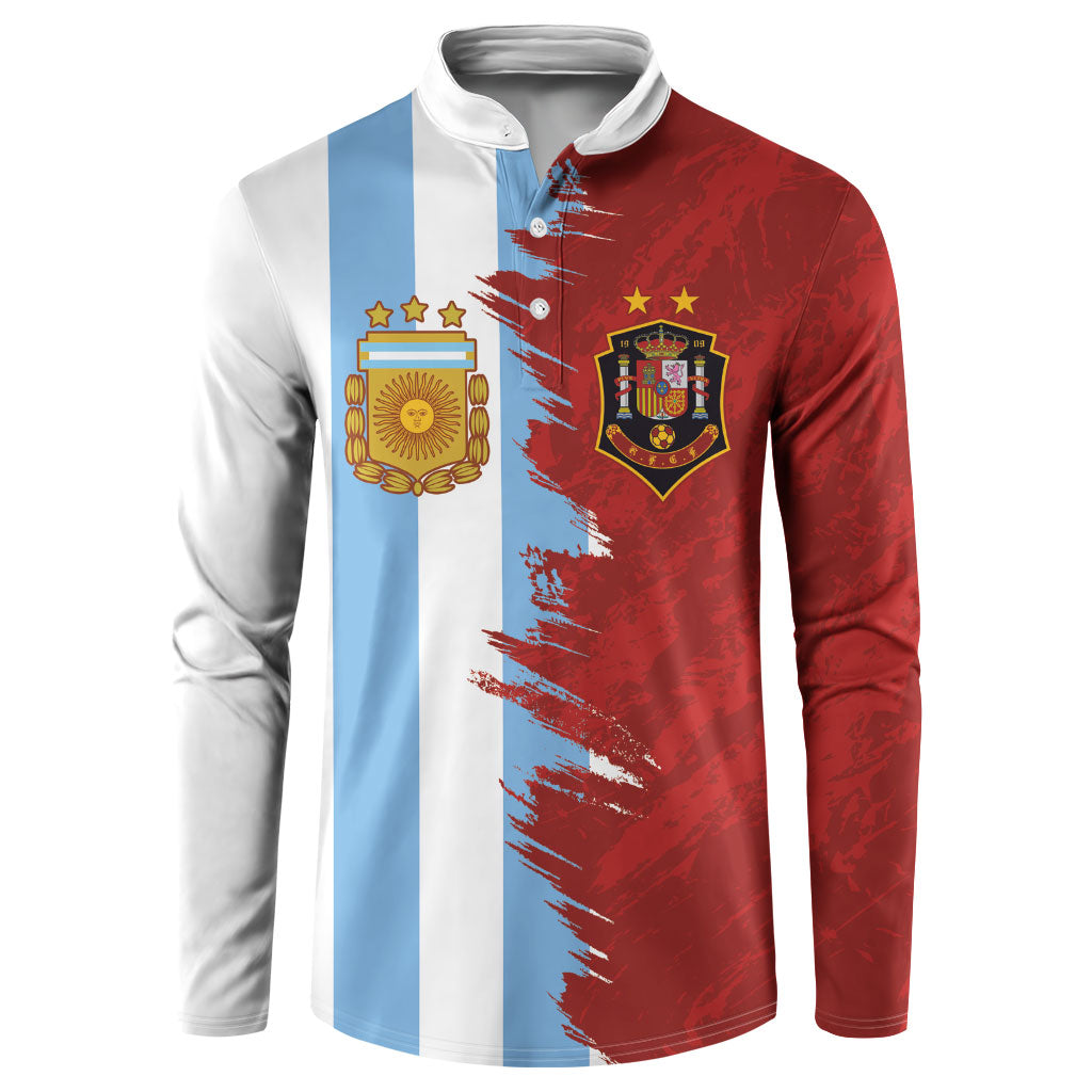 Half blue-white and half red football button sweatshirt with team crest graphics.