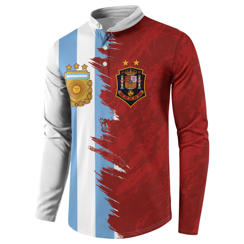 Half blue-white and half red button sweatshirt with team crests on the chest.