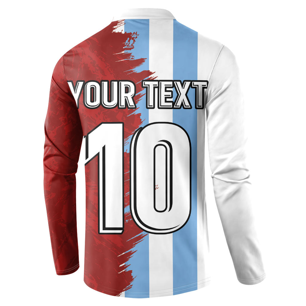 Half red and blue-white football button sweatshirt, 'YOUR TEXT 10' print on back.