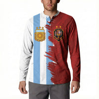 Men's half blue-white and half red button henley sweatshirt with team crest graphics.