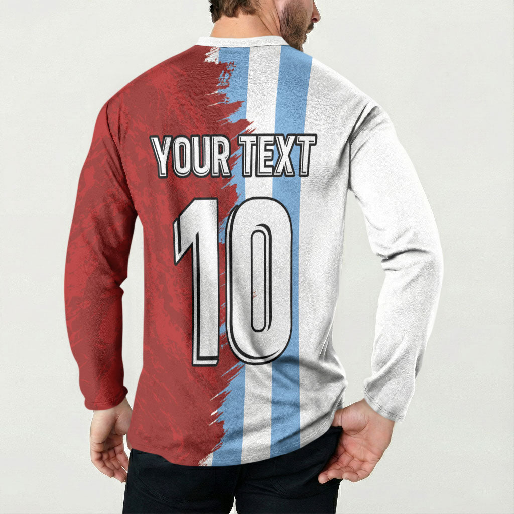 Half red and blue-white button henley sweatshirt with 'YOUR TEXT 10' number print.