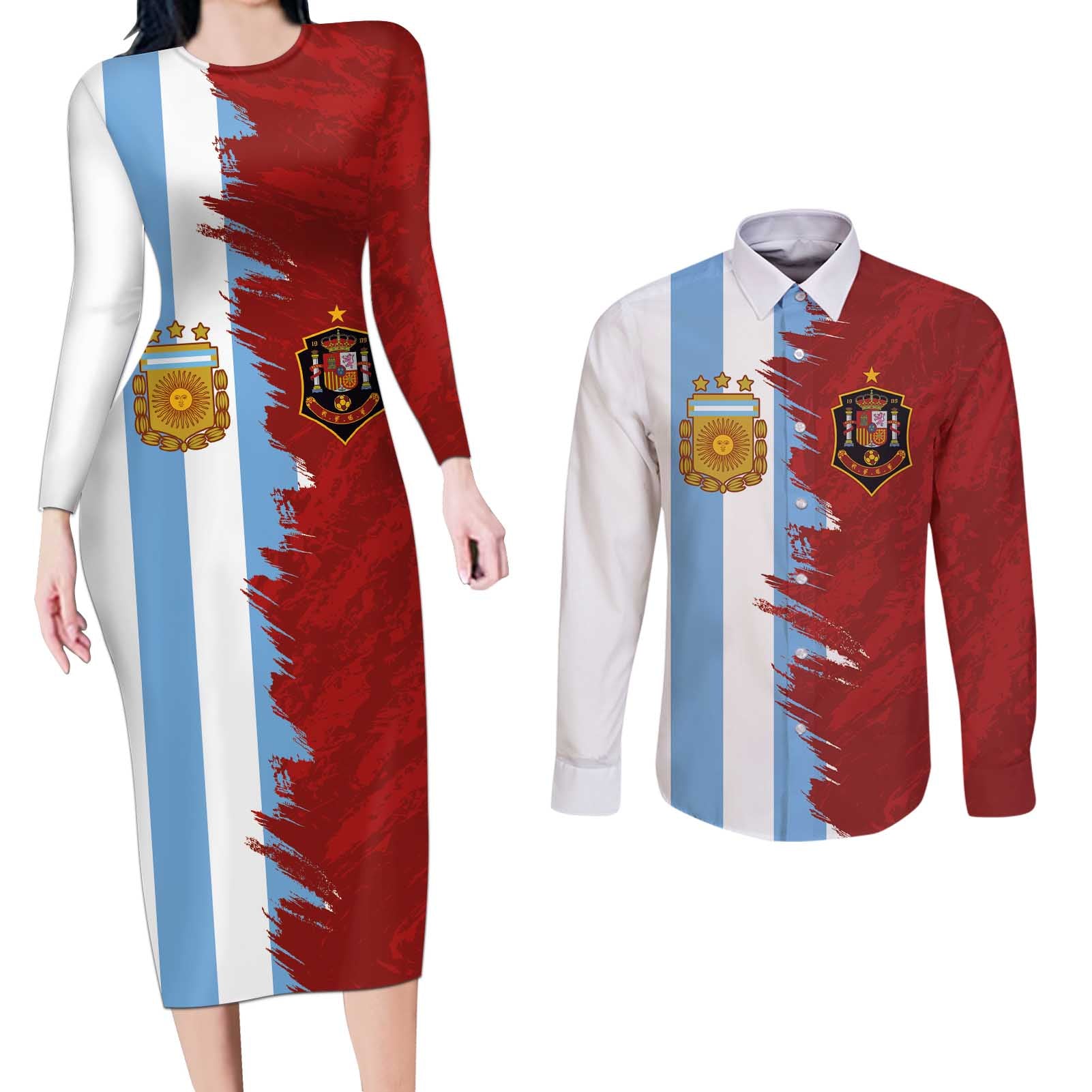 Half Argentina and Half Spain Football Couples Matching Long Sleeve Bodycon Dress and Long Sleeve Button Shirt Grunge Style - Wonder Print Shop