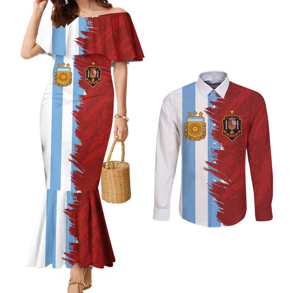 Half Argentina and Half Spain Football Couples Matching Mermaid Dress and Long Sleeve Button Shirt Grunge Style