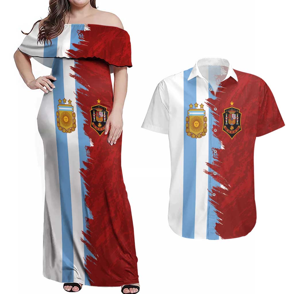 Half Argentina and Half Spain Football Couples Matching Off Shoulder Maxi Dress and Hawaiian Shirt Grunge Style - Wonder Print Shop