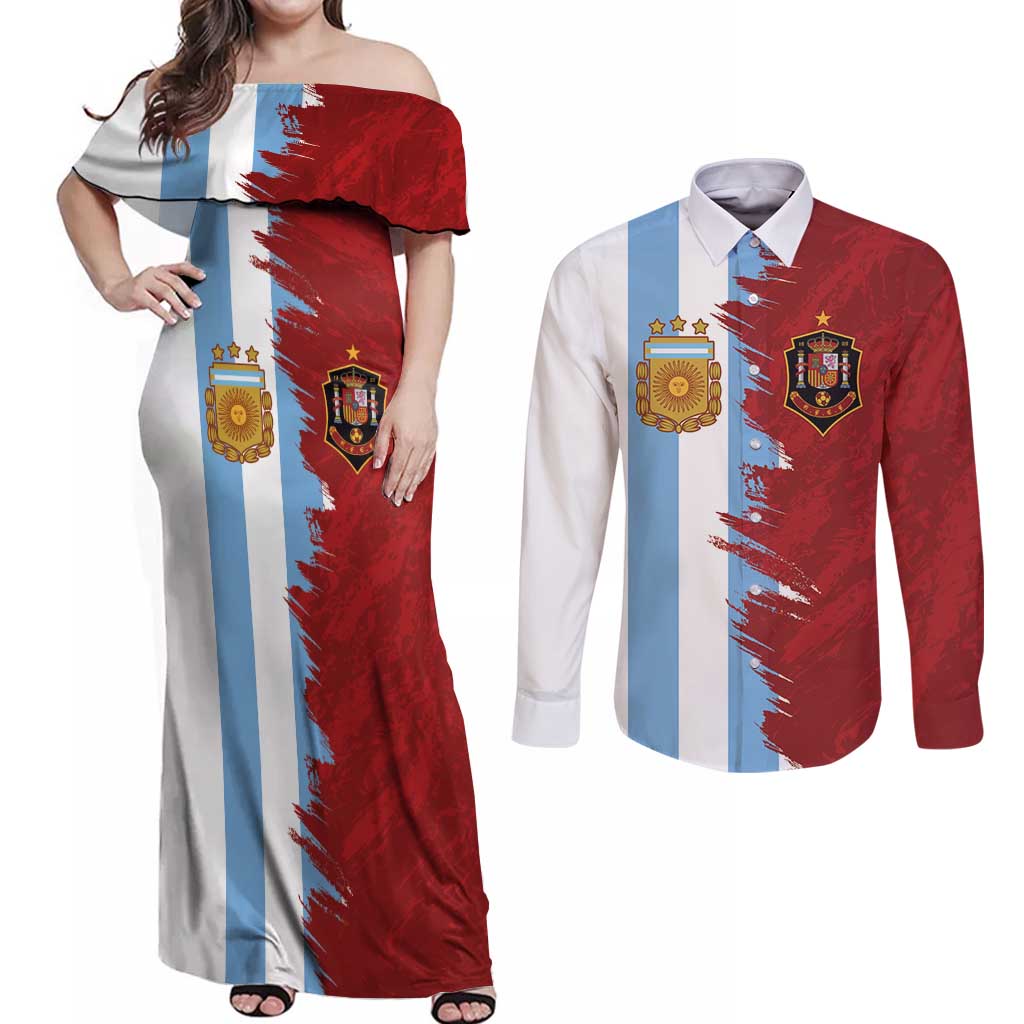 Half Argentina and Half Spain Football Couples Matching Off Shoulder Maxi Dress and Long Sleeve Button Shirt Grunge Style - Wonder Print Shop