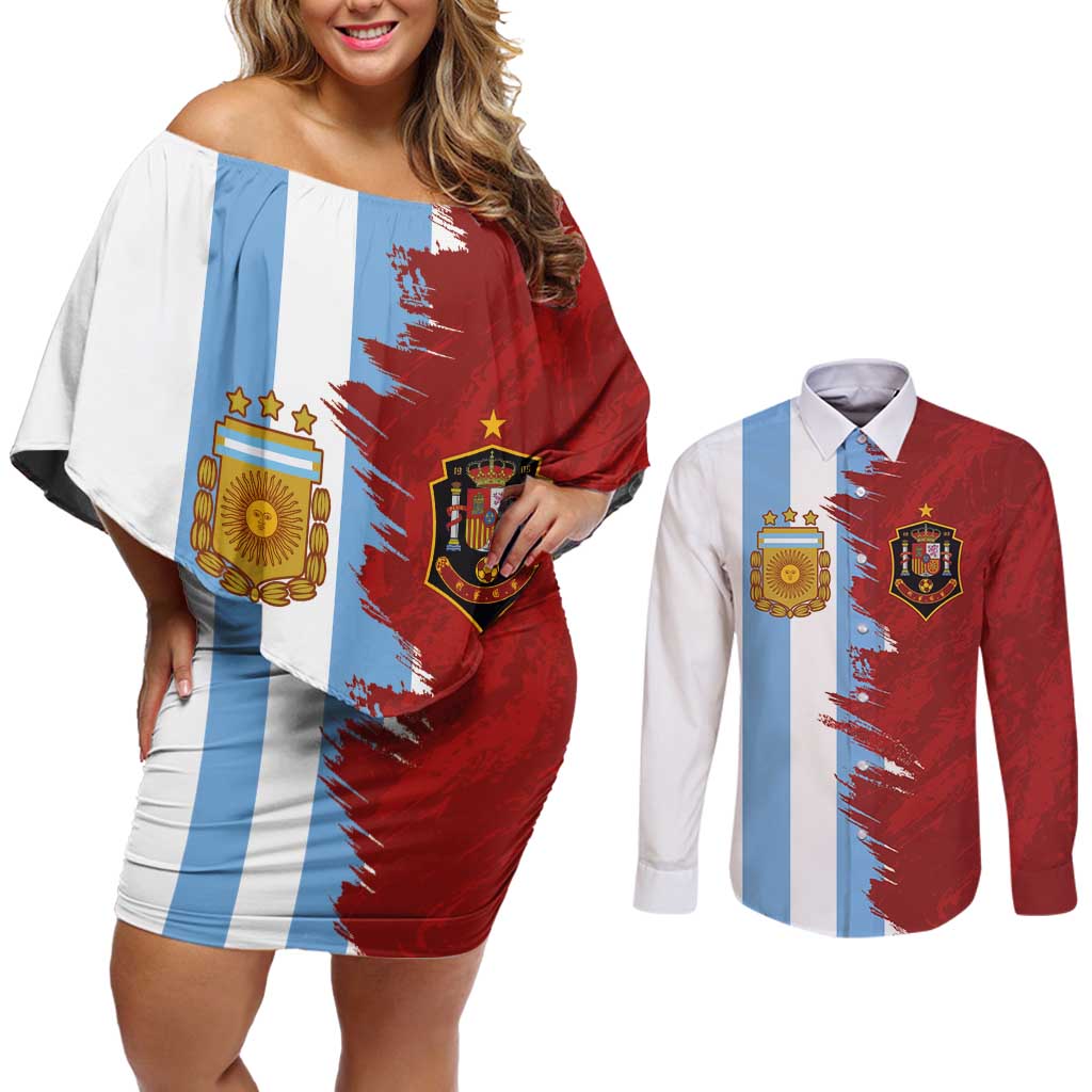 Half Argentina and Half Spain Football Couples Matching Off Shoulder Short Dress and Long Sleeve Button Shirt Grunge Style - Wonder Print Shop