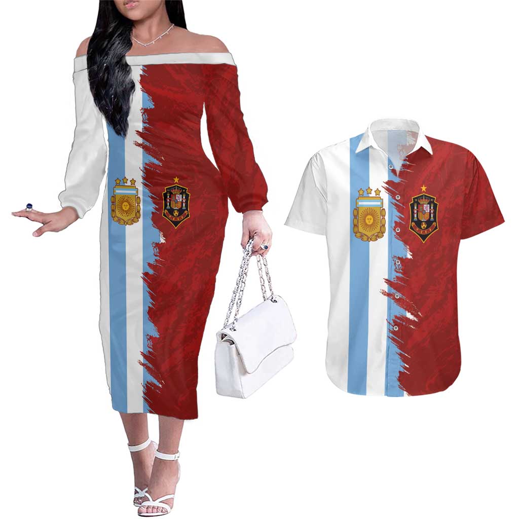 Half Argentina and Half Spain Football Couples Matching Off The Shoulder Long Sleeve Dress and Hawaiian Shirt Grunge Style - Wonder Print Shop