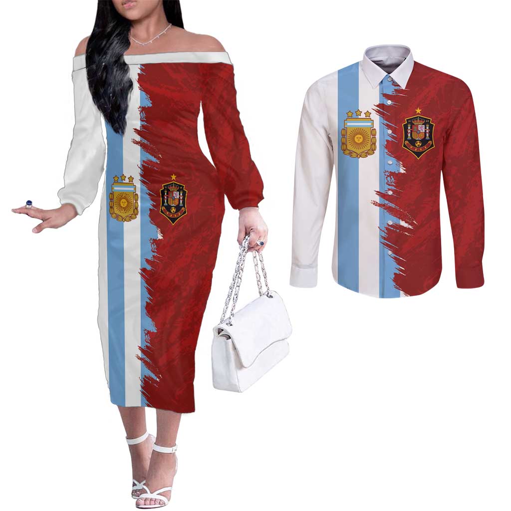 Half Argentina and Half Spain Football Couples Matching Off The Shoulder Long Sleeve Dress and Long Sleeve Button Shirt Grunge Style