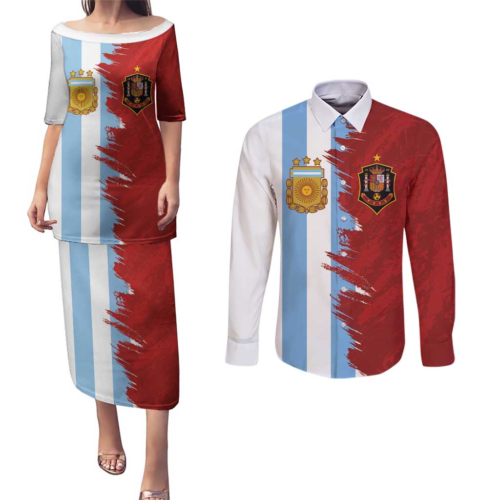 Half Argentina and Half Spain Football Couples Matching Puletasi and Long Sleeve Button Shirt Grunge Style - Wonder Print Shop