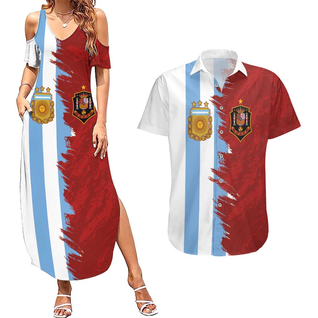 Half Argentina and Half Spain Football Couples Matching Summer Maxi Dress and Hawaiian Shirt Grunge Style - Wonder Print Shop