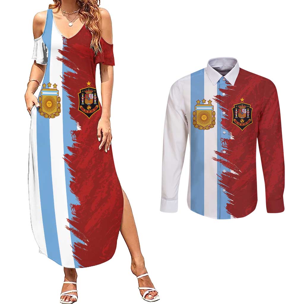 Half Argentina and Half Spain Football Couples Matching Summer Maxi Dress and Long Sleeve Button Shirt Grunge Style - Wonder Print Shop