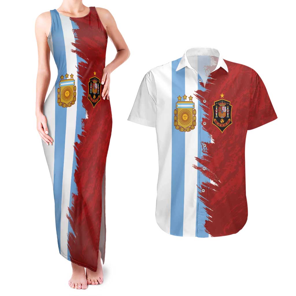 Half Argentina and Half Spain Football Couples Matching Tank Maxi Dress and Hawaiian Shirt Grunge Style - Wonder Print Shop