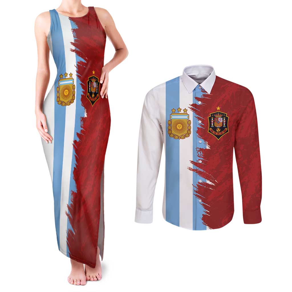 Half Argentina and Half Spain Football Couples Matching Tank Maxi Dress and Long Sleeve Button Shirt Grunge Style - Wonder Print Shop