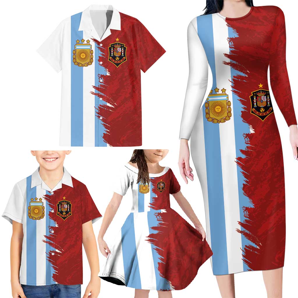 Half Argentina and Half Spain Football Family Matching Long Sleeve Bodycon Dress and Hawaiian Shirt Grunge Style - Wonder Print Shop