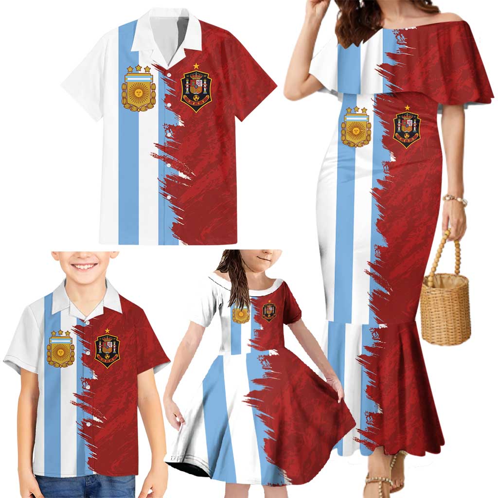 Half Argentina and Half Spain Football Family Matching Mermaid Dress and Hawaiian Shirt Grunge Style - Wonder Print Shop