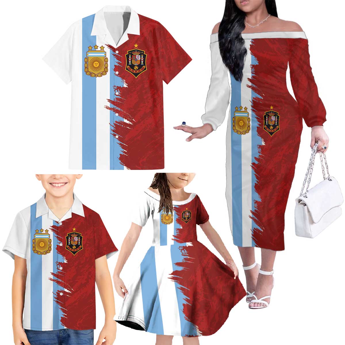 Half Argentina and Half Spain Football Family Matching Off The Shoulder Long Sleeve Dress and Hawaiian Shirt Grunge Style - Wonder Print Shop