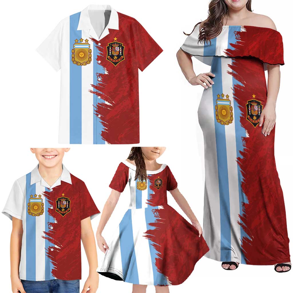 Half Argentina and Half Spain Football Family Matching Off Shoulder Maxi Dress and Hawaiian Shirt Grunge Style - Wonder Print Shop