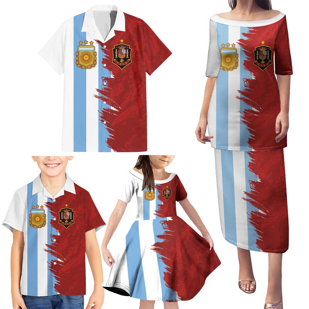 Half Argentina and Half Spain Football Family Matching Puletasi and Hawaiian Shirt Grunge Style - Wonder Print Shop