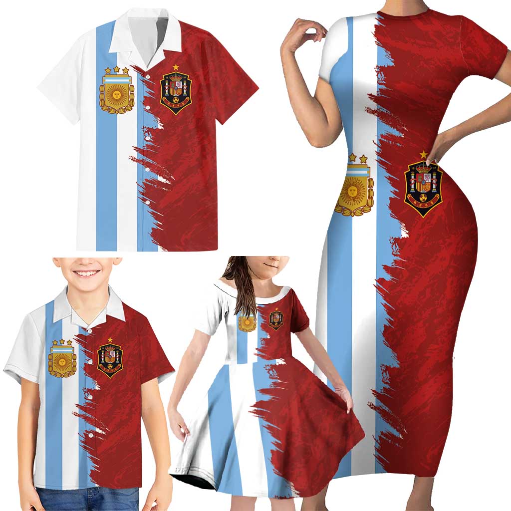 Half Argentina and Half Spain Football Family Matching Short Sleeve Bodycon Dress and Hawaiian Shirt Grunge Style - Wonder Print Shop