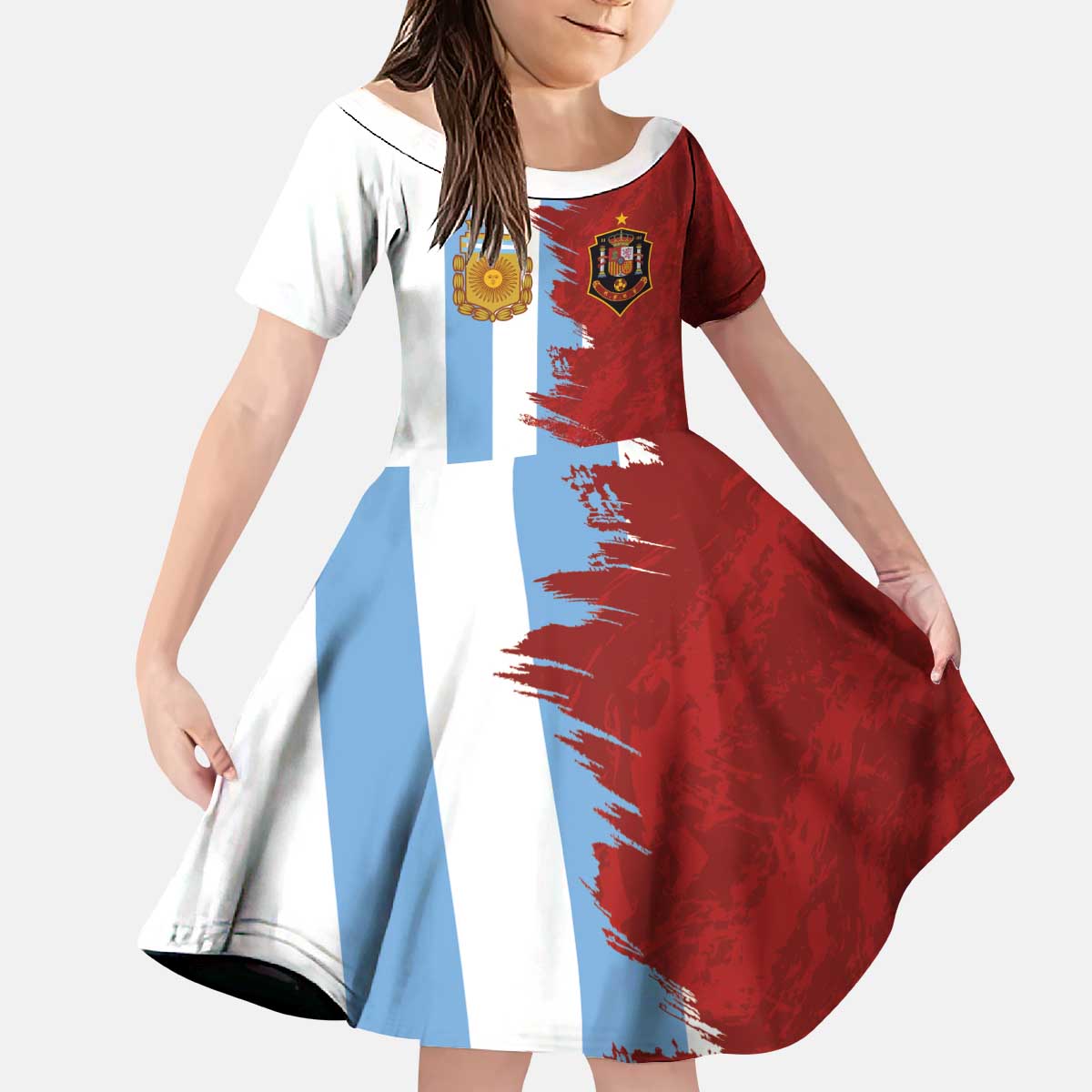 Half Argentina and Half Spain Football Kid Short Sleeve Dress Grunge Style - Wonder Print Shop