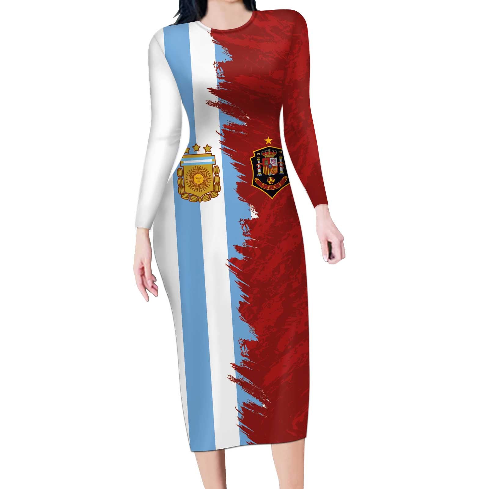 Half Argentina and Half Spain Football Long Sleeve Bodycon Dress Grunge Style - Wonder Print Shop