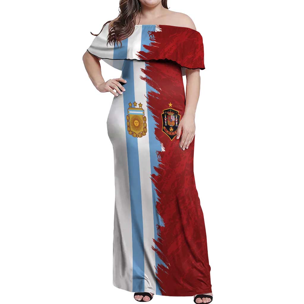 Half Argentina and Half Spain Football Off Shoulder Maxi Dress Grunge Style - Wonder Print Shop