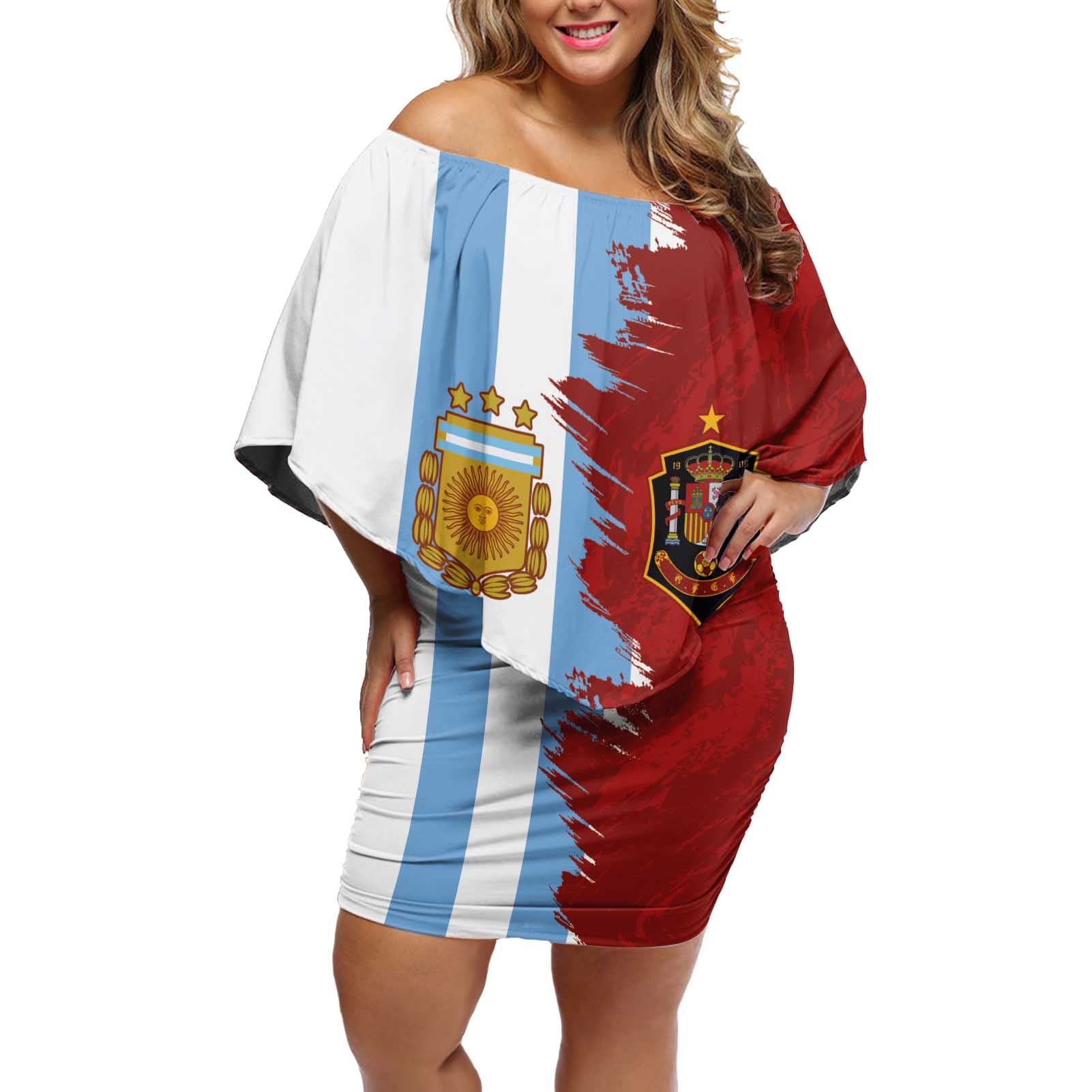 Half Argentina and Half Spain Football Off Shoulder Short Dress Grunge Style - Wonder Print Shop