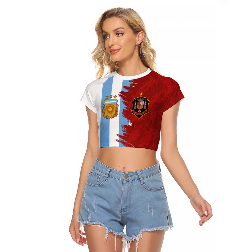 Half Argentina and Half Spain Football Raglan Cropped T Shirt Grunge Style - Wonder Print Shop