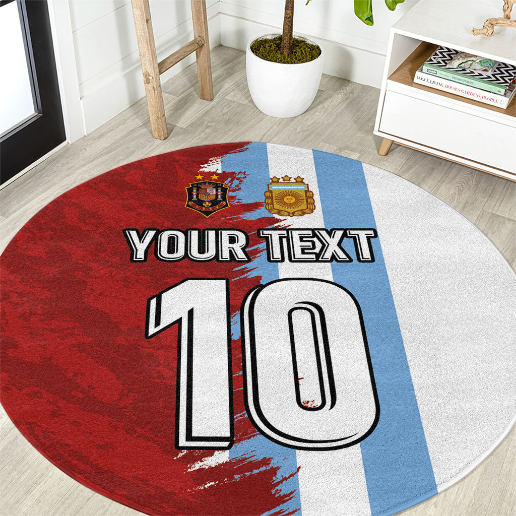 Round football-style carpet, half red and blue grunge, crest graphic, 'YOUR TEXT' and '10'
