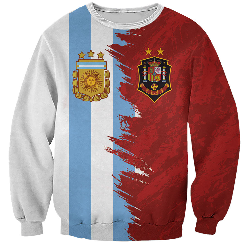 Unisex crewneck sweatshirt, half light-blue/white and half red with flag crest graphics