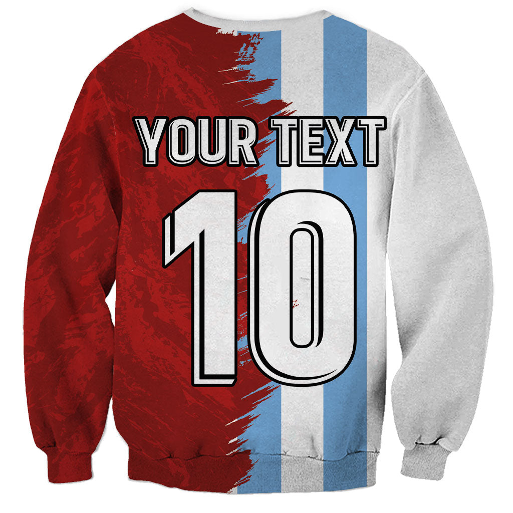 Unisex crewneck sweatshirt back, split light-blue and red with 'Your Text' and 10 print
