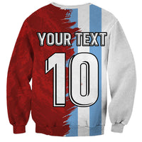 Unisex crewneck sweatshirt back, split light-blue and red with 'Your Text' and 10 print